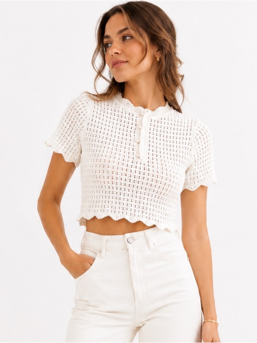 Sandro Pearl Trim Textured Knit Top US Small NWT